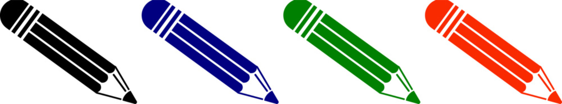 Pencil icon with sharp point and eraser cap various colors on transparent background
