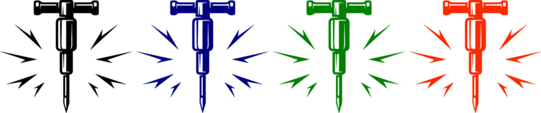 Jackhammer icons in black blue green and red for construction and demolition work
