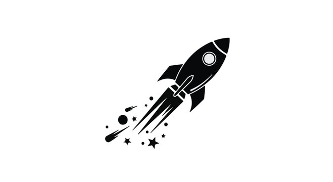 Sleek black rocket blasting off into starry space, symbolizing ambition and exploration.