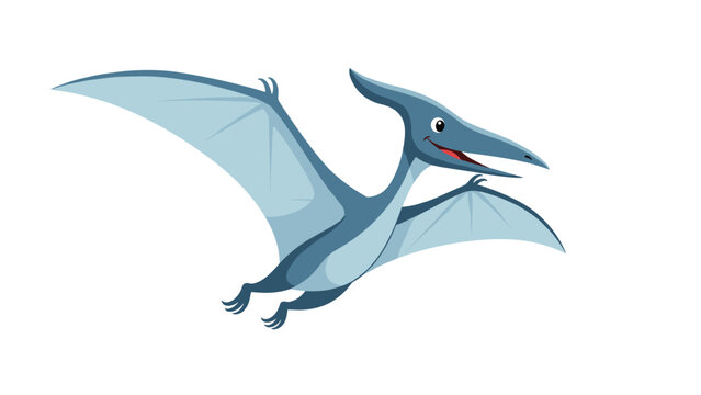 Colorful illustration of a friendly cartoon pterodactyl dinosaur flying through the air with its wings spread wide.
