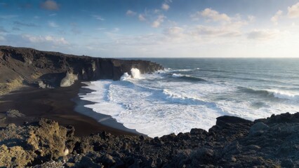 Fototapeta premium Black sand beach surf rolling beneath high sea cliffs
