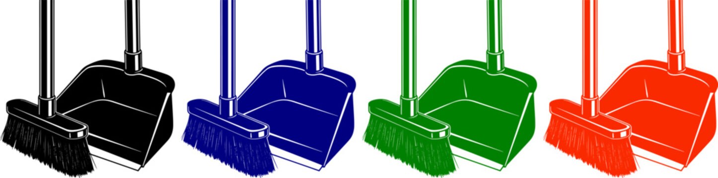 Collection of four dustpan and broom icons in black blue green and red isolated on transparent background
