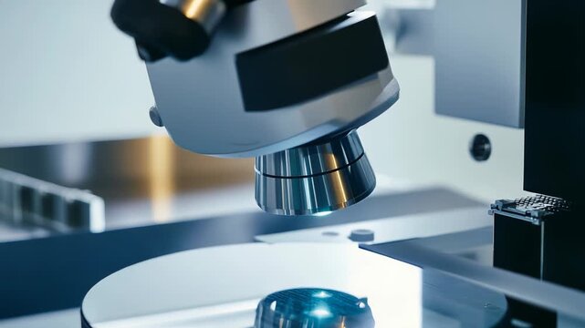 Automated optical microscope inspecting a silicon wafer for quality control during the manufacturing process of advanced integrated circuits and electronic components