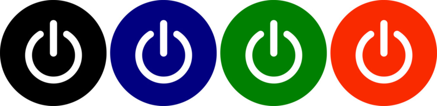 Set of four power button icons in black blue green and red colors isolated on transparent background