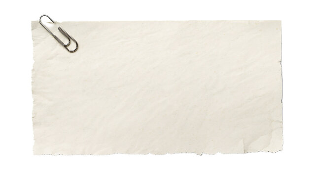 A single metal paperclip holding down a torn corner of a rustic, off-white paper note on a plain white background, emphasizing a blank space for text or design elements