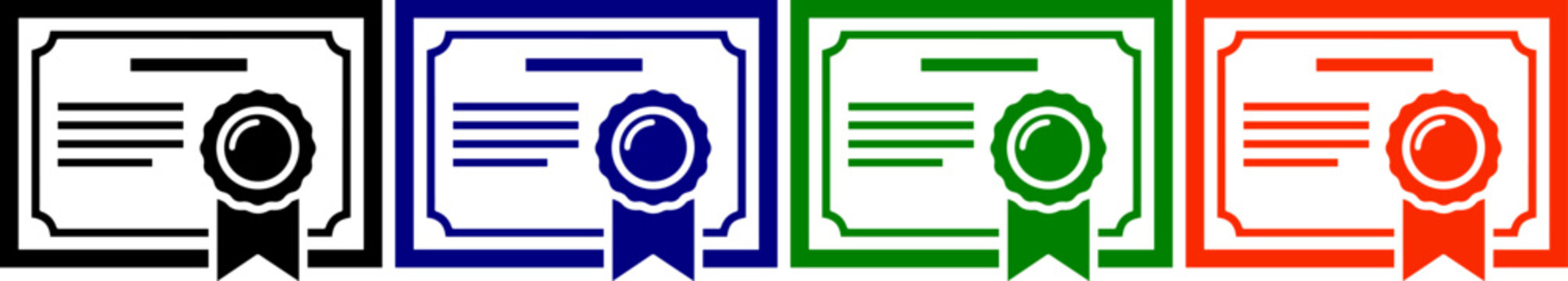 Four certificates of achievement and recognition, displayed in black, blue, green, and red colors