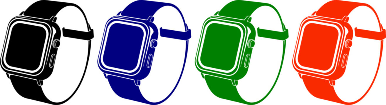 Collection of smart watches in black blue green and orange color illustration