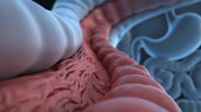 A detailed 3D illustration of the human intestines with a section of inflamed red tissue on the left and a healthy blue section on the right
