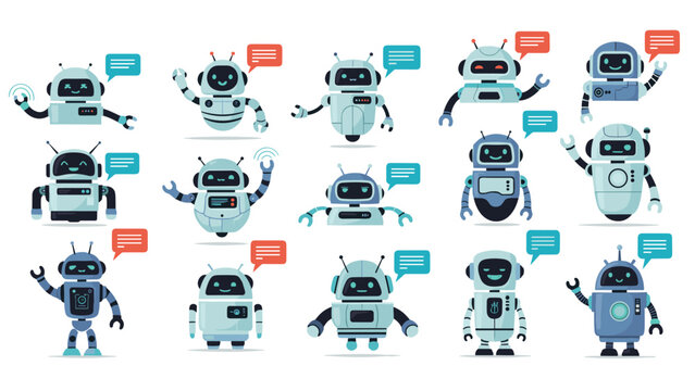 Diverse collection of cute cartoon robot characters with various expressions and poses accompanied by colorful speech bubbles on white background.