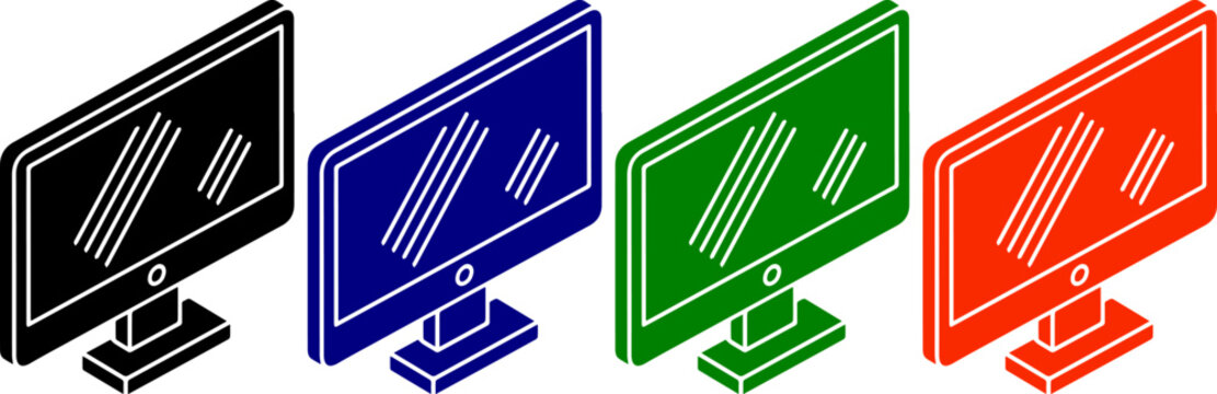 Desktop computer monitors in black blue green and red isometric view