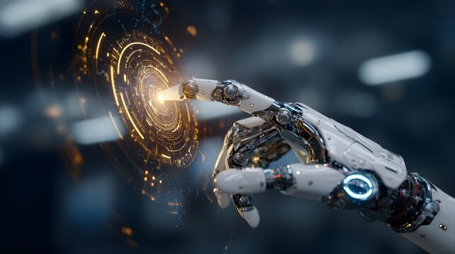 Robotic hand interacting with hologram UI, innovation concept