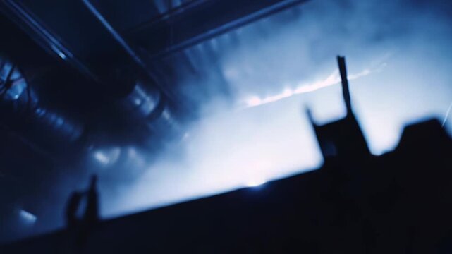 Industrial metal structure featuring mesh platforms and pipes, illuminating with bright blue light and surrounded by smoke, evoking concepts of energy, factories, technology, and engineering