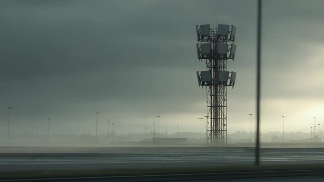 Cellular tower rising above a misty, overcast airport landscape, transmitting mobile signals and supporting modern wireless connectivity and aviation communication infrastructure