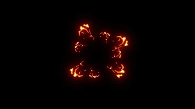 Fire burning animation, splash energy blasts, flash FX, splash 2D cartoon energy flash explosion, comic effect, cartoon style spark loop elements animation on black screen background.
