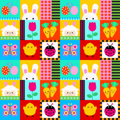 Fototapeta premium Cute Easter Patchwork Garden with Bunny and Spring Pattern