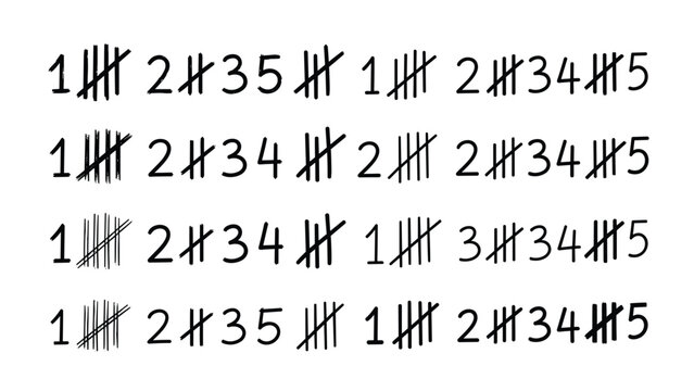 Handwritten tally marks and numbers arranged in rows on a white background to represent counting and scorekeeping.