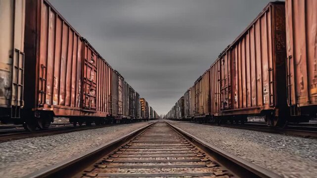 Two long freight trains are parked on parallel railway tracks, creating a strong sense of perspective as the tracks and freight cars converge under a cloudy sky