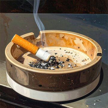 A smoldering cigarette in an ashtray with scattered ash