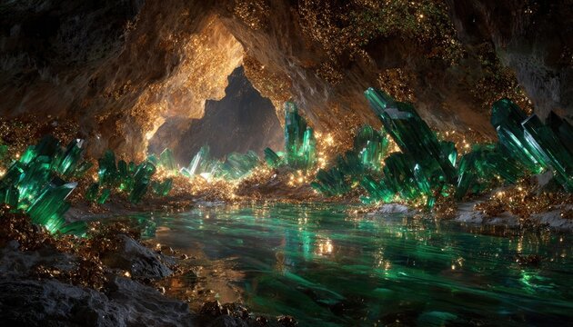 Golden treasure glowing inside cave with emerald crystals