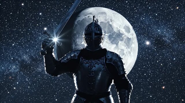 Medieval Knight in Full Armor Holding Sword Under a Bright Full Moon and Starry Night Sky