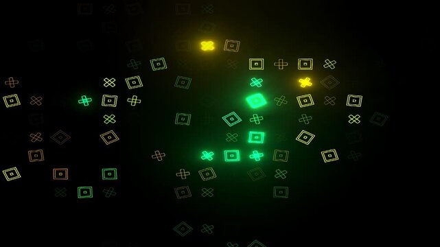 Colorful Shapes Move on a Dark Background Creating an Engaging Animation of Abstract Patterns