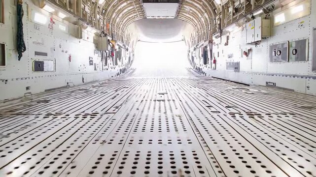 Cargo aircraft interior features a spacious, empty area with a metal floor and visible attachment points, looking towards a bright opening at the rear ramp for loading