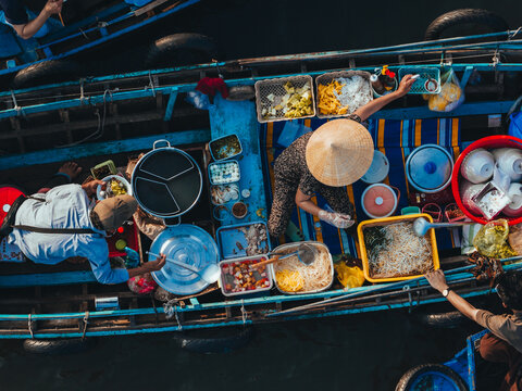 Aerial view of Cai Rang floating market, Can Tho, Vietnam. It is famous market in Mekong Delta, Vietnam with many boats and ship