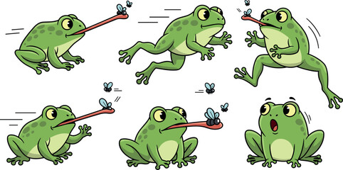 Cartoon Frogs Catching Flies with Their Long Tongues in Various Playful Poses © Jisan