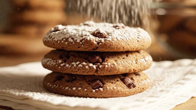Close-up of a stacked pile of chocolate chip cookies with powdered sugar dusting