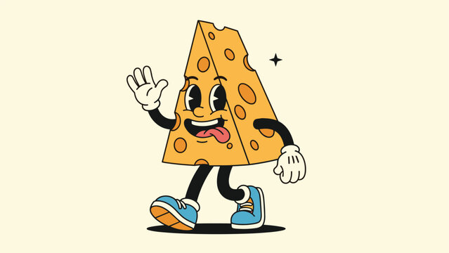 Vintage cartoon style cheese wedge character with a friendly face waving while walking on a pale yellow background.