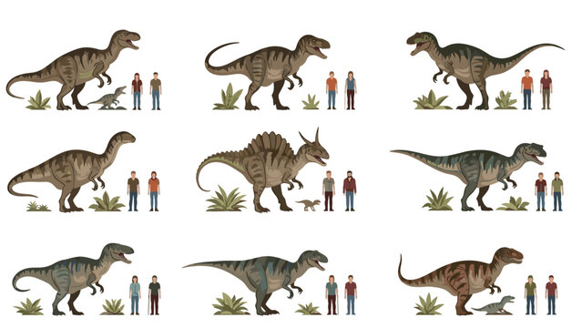 Size comparison chart showcasing various dinosaur species alongside human silhouettes to demonstrate their massive scale and proportions.