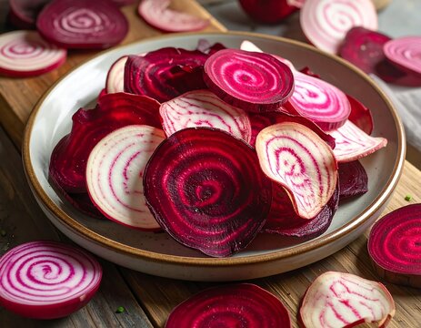 A plate filled with sliced beets on a wooden surface