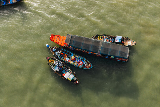 Aerial view of Cai Rang floating market, Can Tho, Vietnam. It is famous market in Mekong Delta, Vietnam with many boats and ship