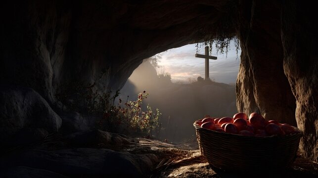 Empty tomb entrance with cross and easter eggs basket