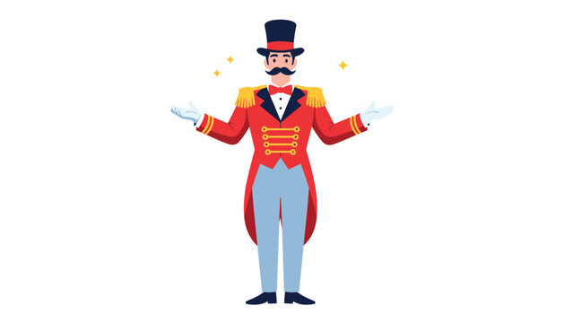 Professional circus ringmaster character in a classic red coat and top hat with open arms welcoming the audience to a show in a clean vector style.