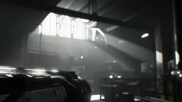 Heavy industrial machinery featuring metal components and pipes filling a large factory space, with sunbeams piercing through high windows, creating dramatic shadows and a moody atmosphere
