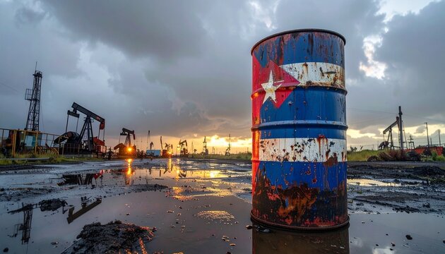 A Cuban flag‑painted oil barrel in foreground, pumpjacks operating behind, wet reflective ground, symbolizing energy, economy, and national identity within industrial landscape.
