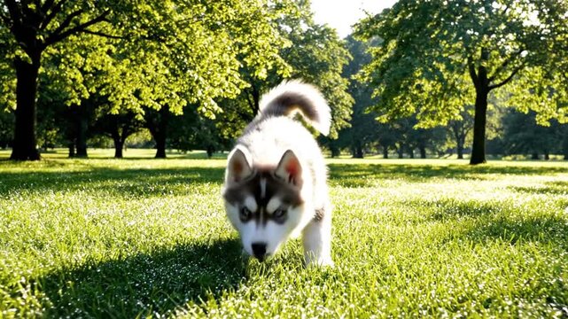 Cute Siberian Husky Puppy Running and Playing in a Sunny Park