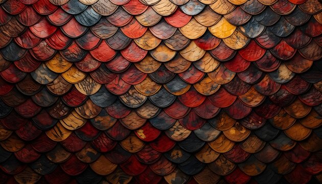 A vibrant and colorful scale pattern with shades of red, orange, and blue