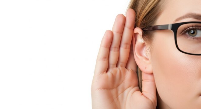 Woman wearing glasses cupping hand to ear to listen closely