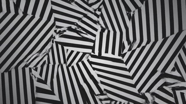 Abstract black and white striped shapes art composition with textured ripped paper layers for backgrounds