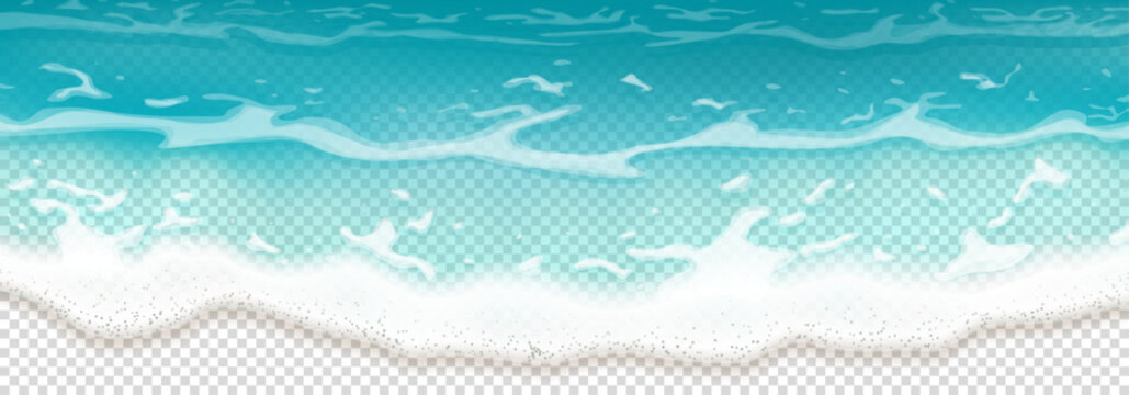 Template of realistic foamy sea waves. Turquoise ocean water waves isolated on checkered background. Gradient moving sea waves with transparency effect. 3d vector element for summer design, cover.