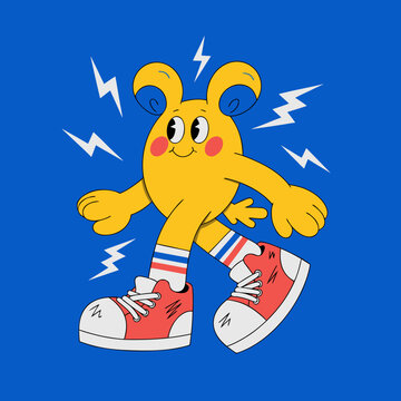 Funny cartoon character, yellow creature, retro video game, Pac-Man style illustration, colorful vector graphic