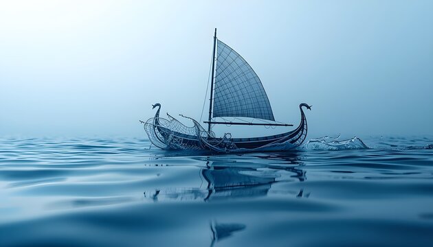 A small wire boat floats peacefully on calm water with a serene atmosphere