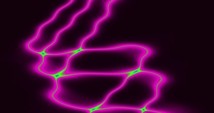 A dynamic abstract animation showcases vibrant, glowing neon yellow-green lines flowing and connecting on a dark background. The fluid, intricate pathways pulsate with electric energy, resembling comp