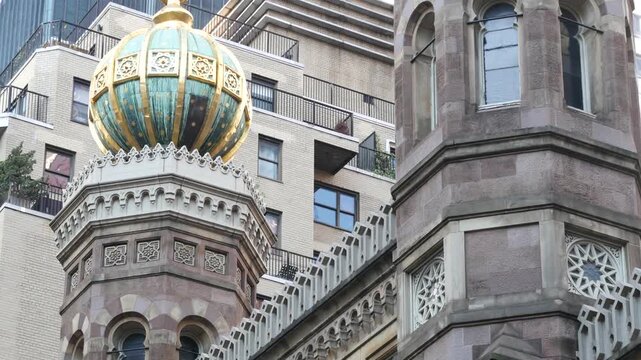 New York Central Synagogue historic building 1872, Lexington avenue, United States of America. Jewish congregation in Manhattan. Judaism religion landmark. Turret with Star of David ornament. Heritage