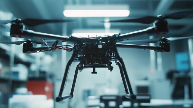 Advanced prototype drone with multi rotor design and exposed wiring flying in a modern high tech research and development laboratory, symbolizing innovation and future technology