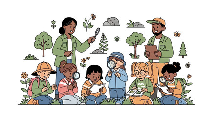 Children Exploring Nature with Magnifying Glasses and Teachers Outdoors © il