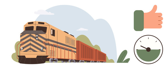 Logistics, transportation, efficiency, performance, approval, environmental impact. Freight train with boxcars, thumbs-up icon and speed gauge. Transportation and efficiency concepts © robu_s