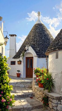 A whitewashed trulli house with conical roof and flowers